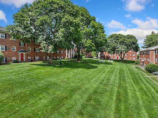 A large grassy area in front of a building with trees.