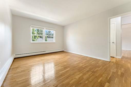 A room with wooden floors and a window showing trees outside.