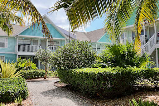 A pathway leads through a landscaped area in front of a row of houses.