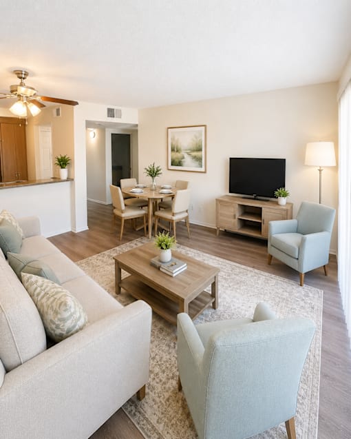 A living room with a grey couch, a coffee table, a television, and a lamp.