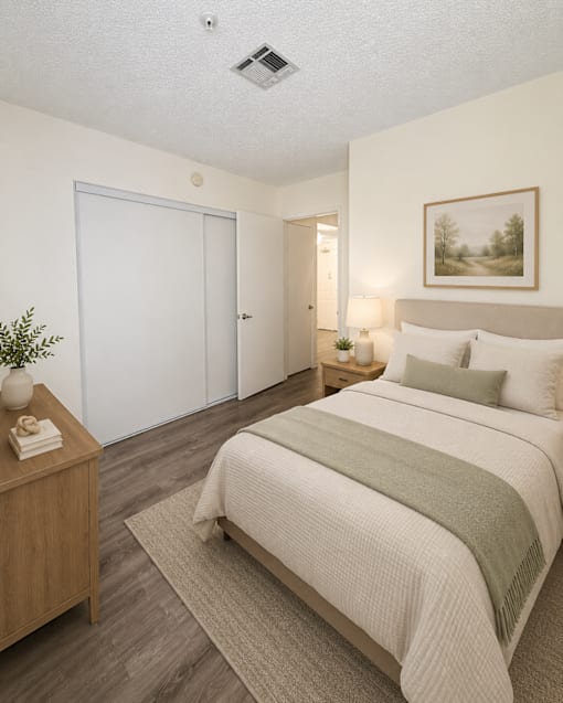 A bedroom with a bed, nightstand, and a painting on the wall.
