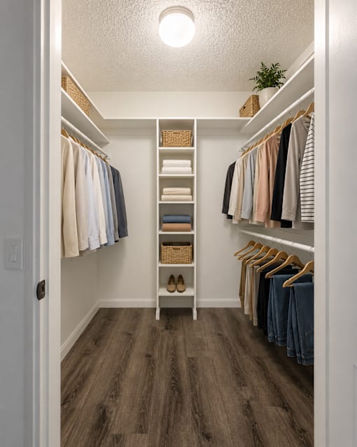 A walk in closet with clothes and shoes.