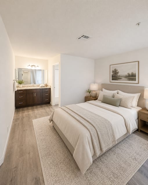 A bedroom with a large bed and a painting on the wall.