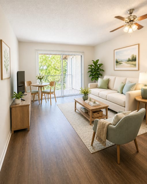 A living room with a white couch, a wooden coffee table, and a ceiling fan.