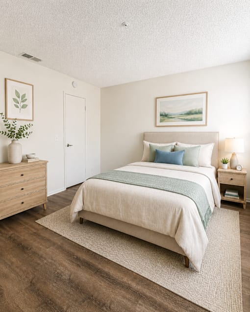 A bedroom with a bed, nightstands, and a plant.