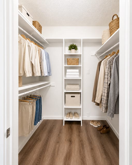 A white closet with clothes and shoes.