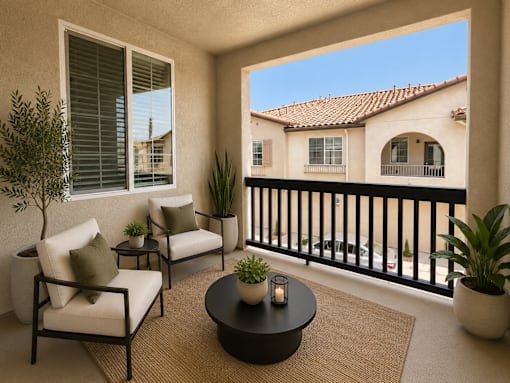 A balcony with a table and chairs overlooking a building.