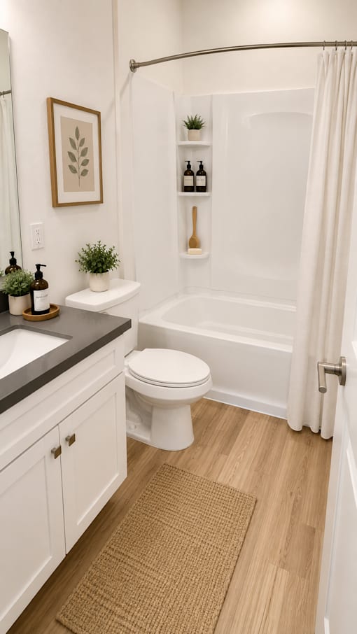 A white toilet is in a bathroom with a white tub.