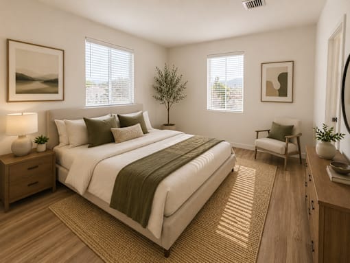 A bedroom with a large bed, a chair, and a small tree.