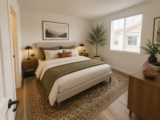 A bedroom with a large bed and a rug on the floor.