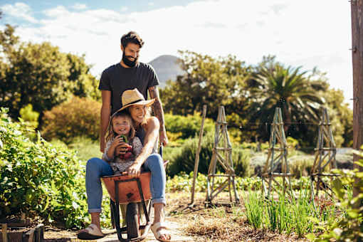 A man and a child are riding a tricycle in a garden.