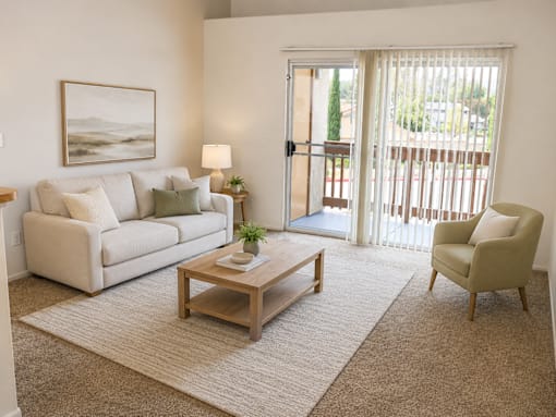A living room with a white couch, a coffee table, and a painting on the wall.