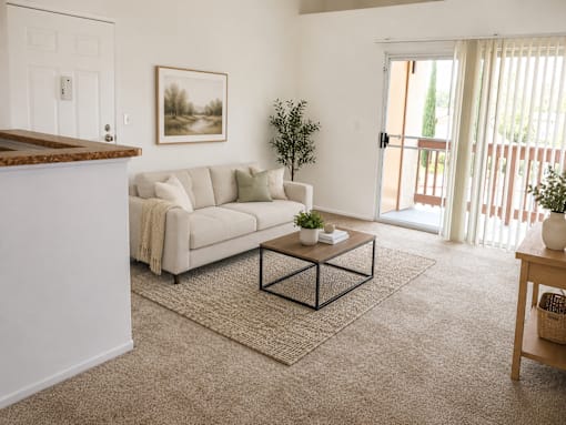 A living room with a white couch and a painting on the wall.