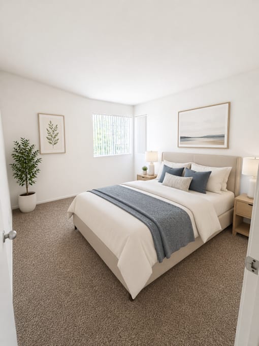 A bedroom with a large bed and a potted plant.