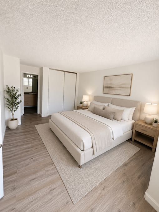 A bedroom with a large bed and a small tree in a white pot.