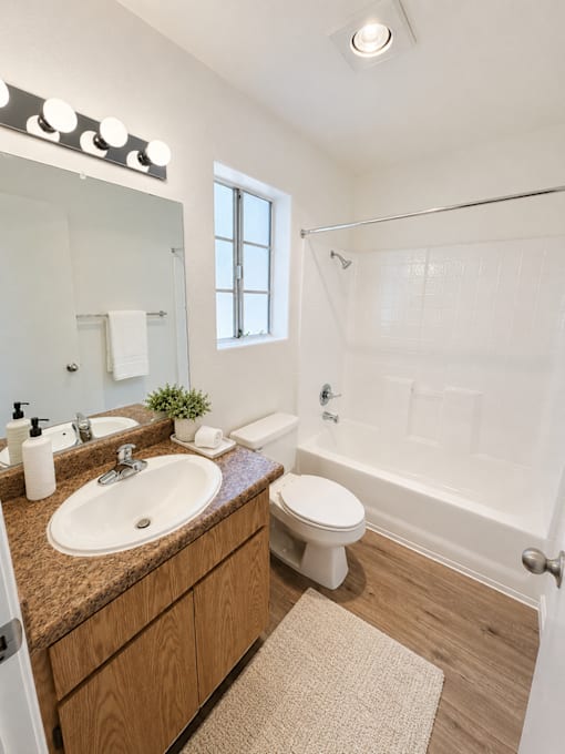 A bathroom with a sink, toilet, and shower.