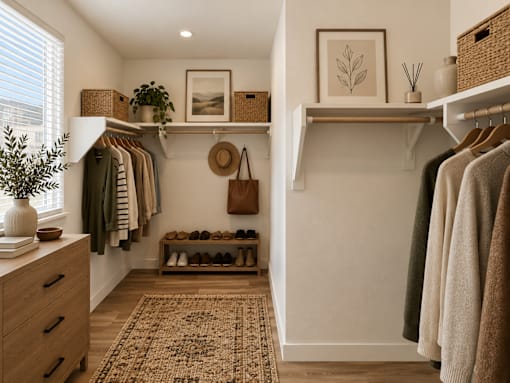 A room with a white wall and a brown rug on the floor.