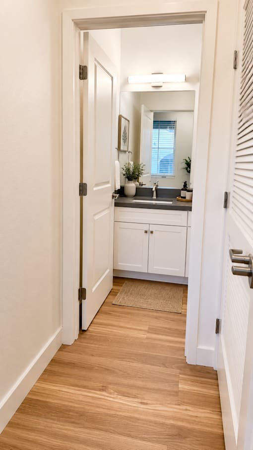 A bathroom with a white door and a brown rug.