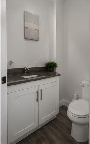 A white toilet sits next to a sink in a bathroom.