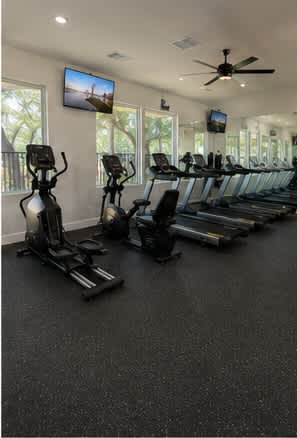 A gym with treadmills and elliptical machines.