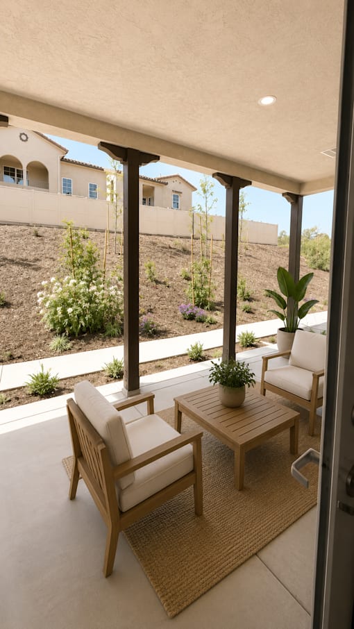 A patio with a table and chairs overlooking a garden.