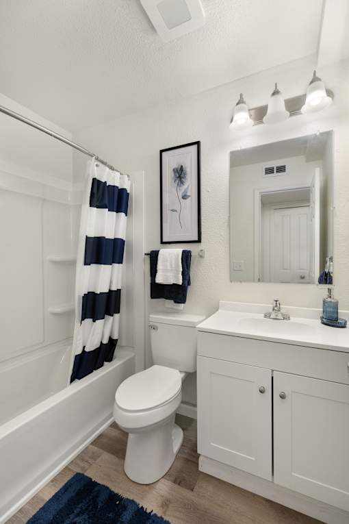 A white bathroom with a blue rug and a white toilet.