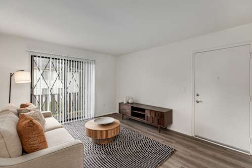 A living room with a couch, a coffee table, and a television.
