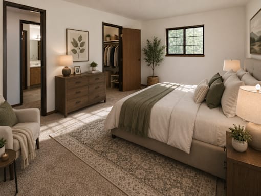 A bedroom with a large bed, a chair, a dresser, and a mirror.