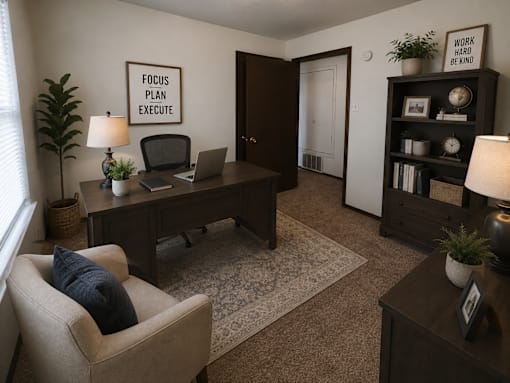 A room with a desk, chair, and a framed poster that says "Work Hard Play Hard".