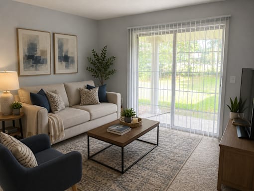 A living room with a sofa, chair, and a coffee table.
