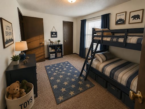 A room with a bunk bed, a dresser, a nightstand, and a rug with stars on it.