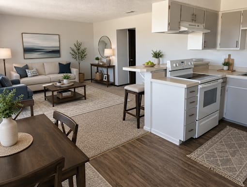 A modern kitchen and living room with a dining table and chairs.
