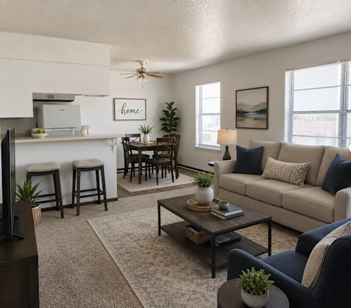A living room with a couch, chairs, and a coffee table.