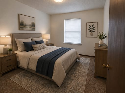 A bedroom with a bed, nightstands, and a window.