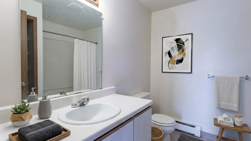 A bathroom with a white sink and a toilet.