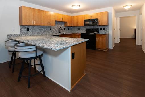 A kitchen with a granite countertop and wooden cabinets.