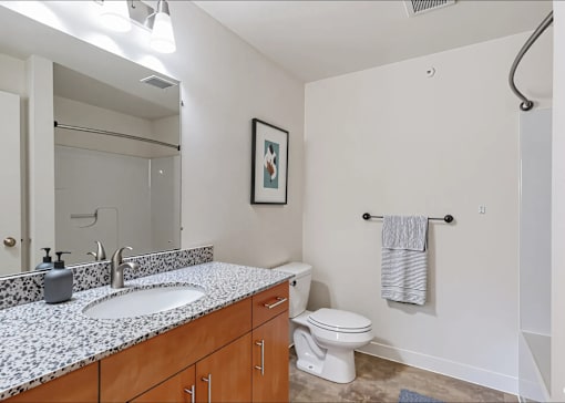 A bathroom with a toilet, sink, and mirror.