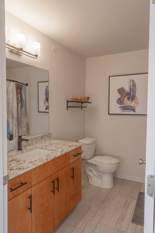 A bathroom with a toilet, sink, and wooden cabinets.