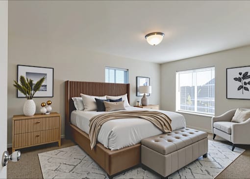 A bedroom with a large bed, a nightstand, and a chair.