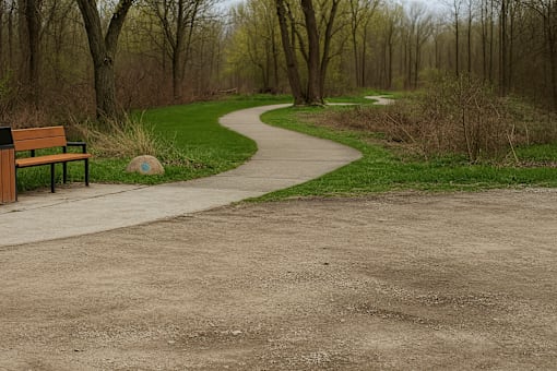 A park with a dirt path and a bench.