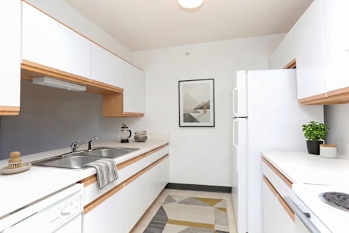 A kitchen with white cabinets and a sink.