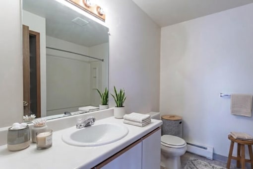 A white bathroom with a sink, toilet, and mirror.