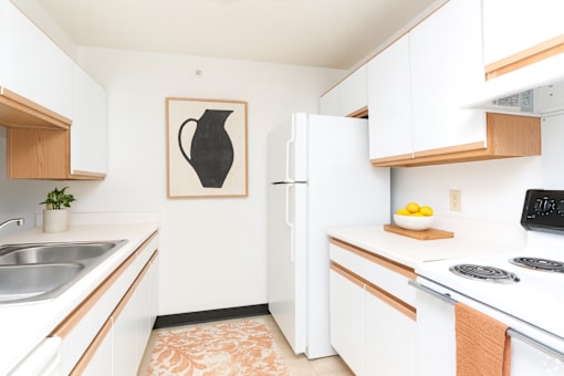 A kitchen with white cabinets and a black pitcher on the wall.