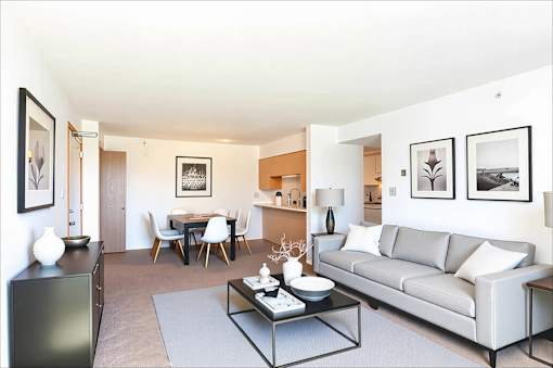 A modern living room with a grey couch, a glass coffee table, and a dining table with chairs.