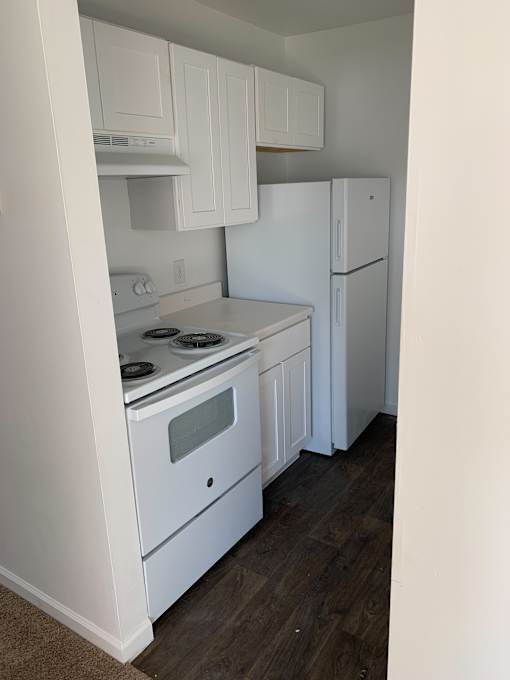 a kitchen with a stove and a refrigerator