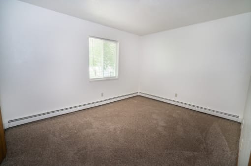 an empty room with carpet and a window