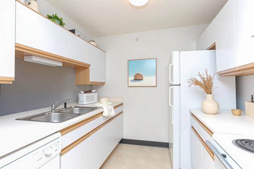 A small, clean kitchen with white cabinets and a painting on the wall.