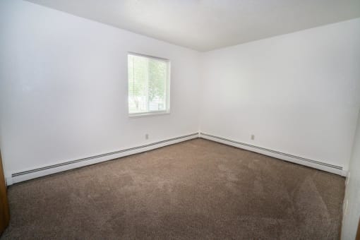 an empty room with carpet and a window