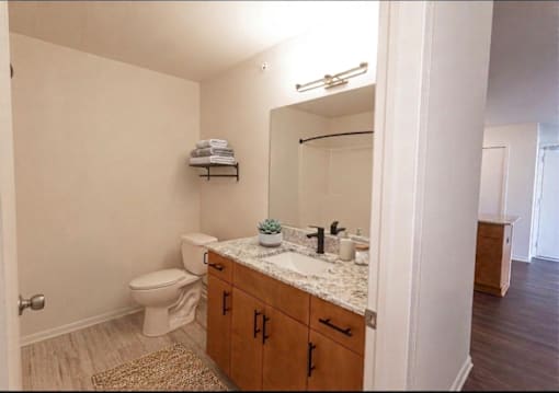 A bathroom with a toilet, sink, and mirror.
