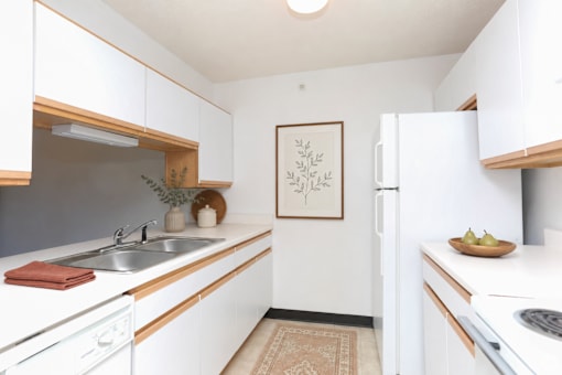 A kitchen with white cabinets and a fridge.